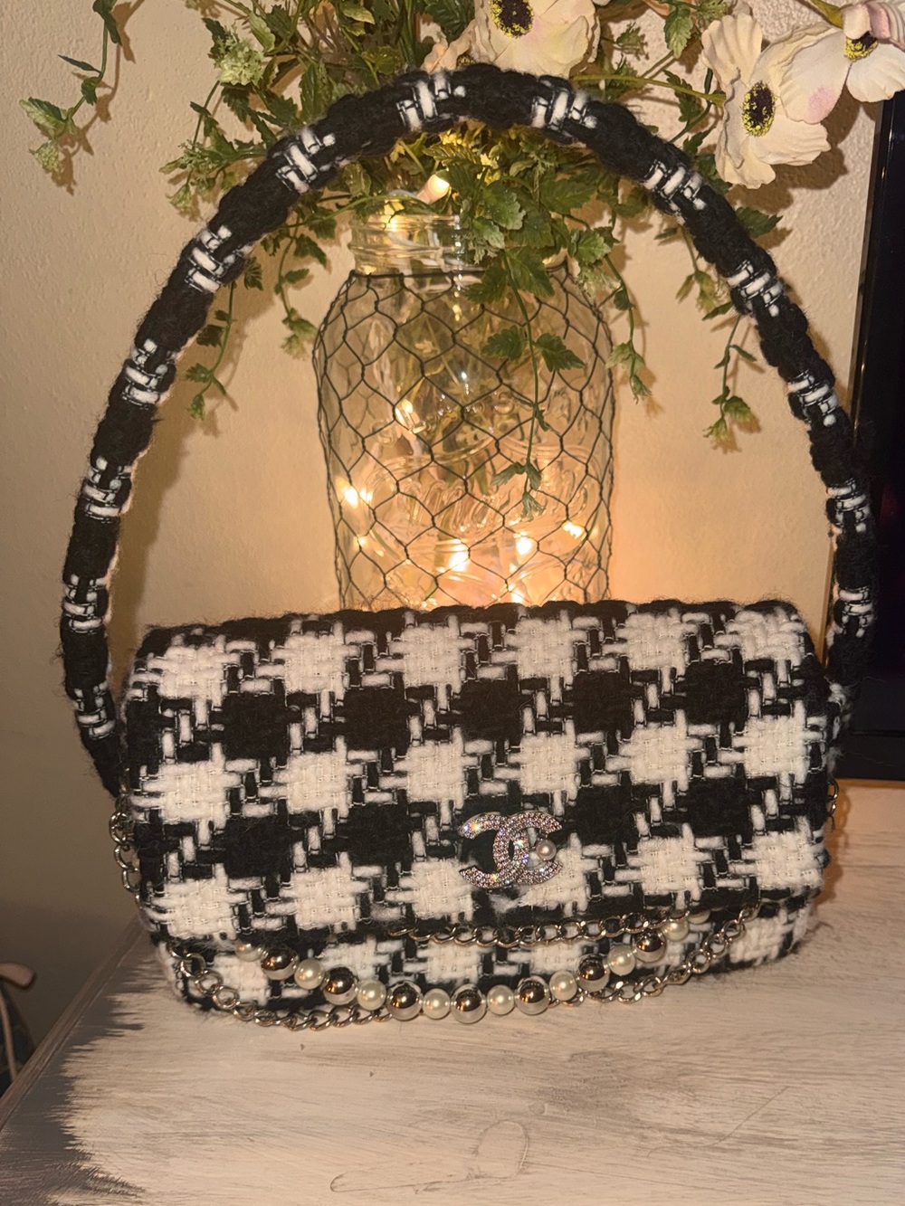 Black and White Houndstooth Shoulder Bag with Chain & Pearl Accent